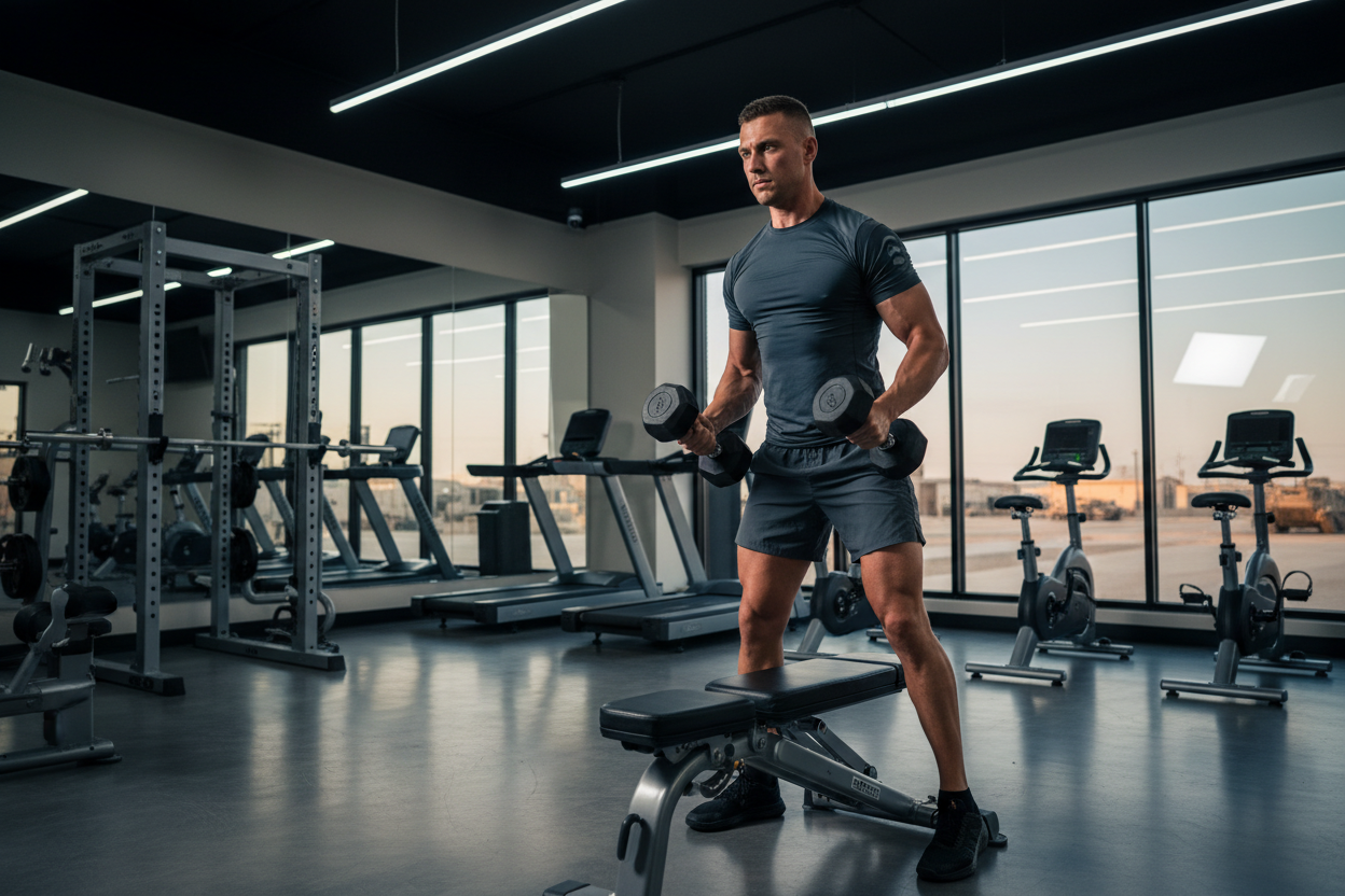 Active duty service member performing hotel gym workout — military TDY fitness protocol for service members