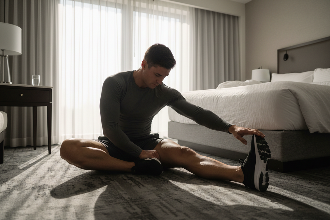 Service member performing seated hamstring stretch in hotel room — hamstring muscles stretching exercises