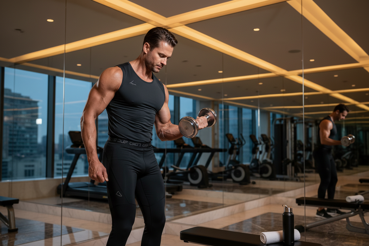 Corporate executive performing dumbbell workout in luxury hotel gym — 45-minute road warrior fitness protocol