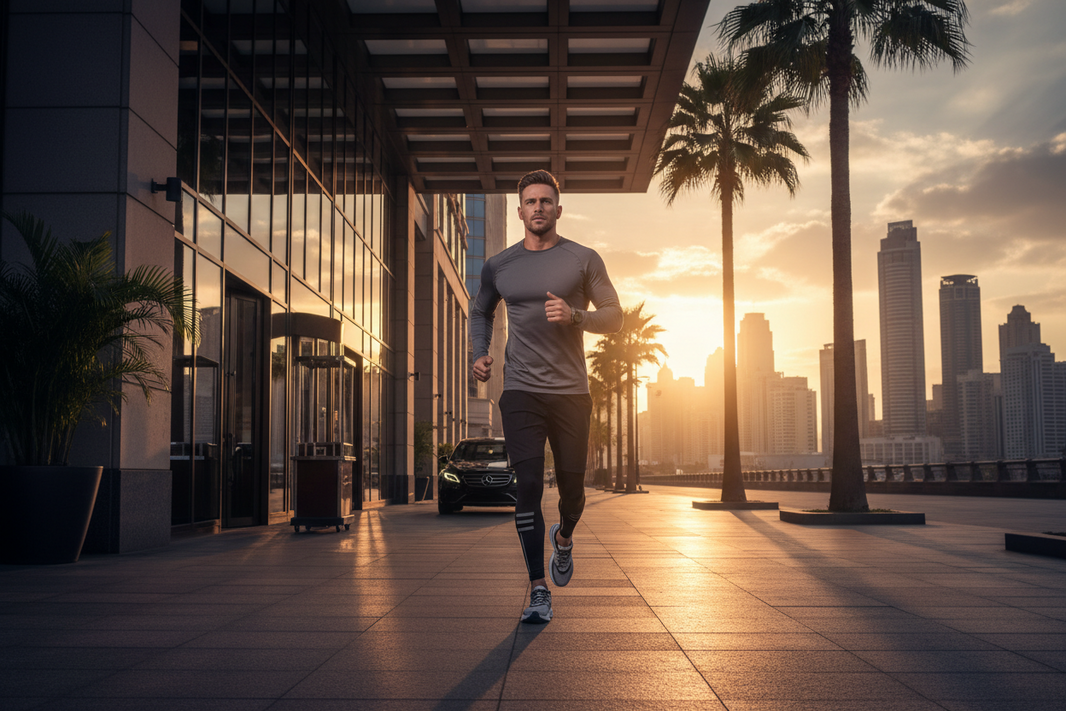 Corporate road warrior in technical activewear running past luxury hotel at sunrise — marathon training routine for traveling professionals