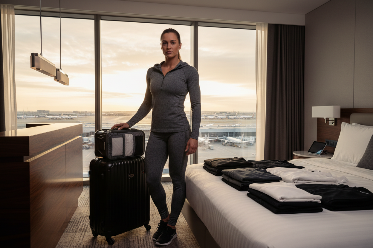 Female pilot beside packed carry-on with capsule wardrobe at luxury hotel — hotel gym outfit for road warriors
