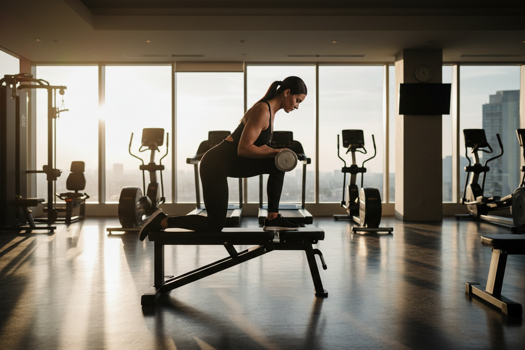 Flight attendant in travel-fitness tank top training in luxury hotel gym — tank tops for women who travel