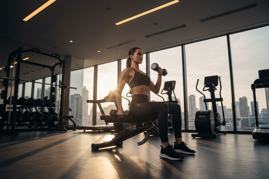 Road warrior performing hotel gym dumbbell chest press in luxury hotel fitness center — chest workout exercises with dumbbells