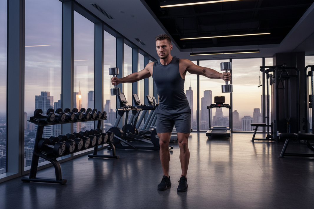 Airline pilot performing back delt fly with dumbbells in luxury hotel gym at dawn — back delt workout for posture correction and hotel gym performance