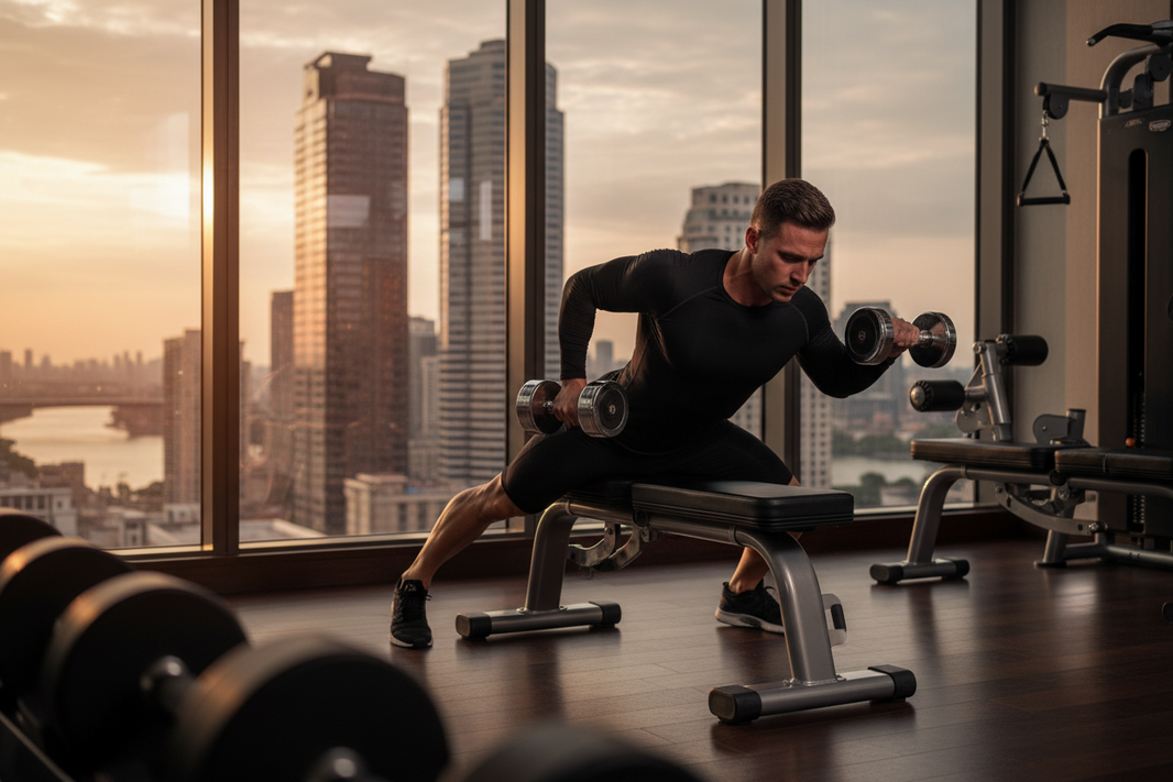 Road warrior pilot performing chest-supported dumbbell row in luxury hotel gym — traps workout for hotel gym posture protocol