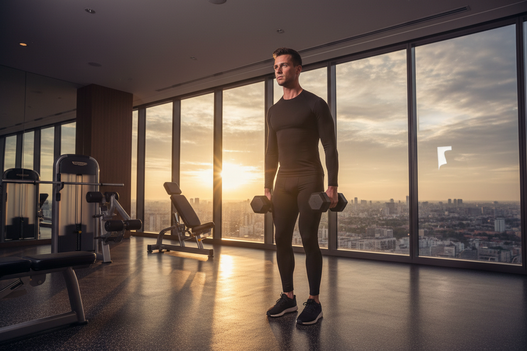 Pilot performing Romanian deadlift in luxury hotel gym — lower back workout with dumbbells