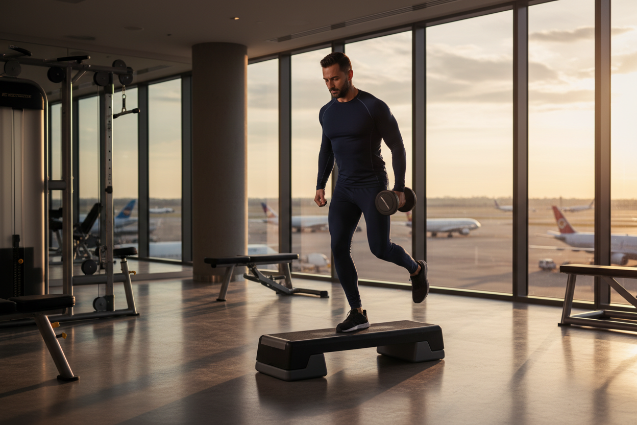 Fit pilot performing single-leg dumbbell calf raise in luxury hotel gym at dawn — calf exercises for the road warrior