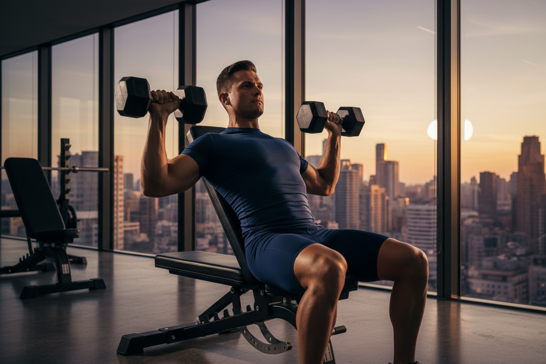 Road warrior executive performing incline dumbbell chest press in luxury hotel gym — pectoral exercises hotel gym chest protocol