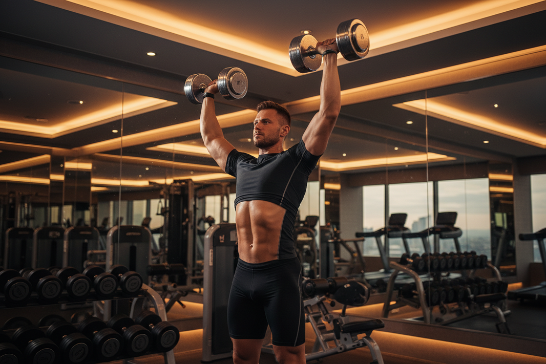 Pilot performing overhead press in hotel gym — overhead press hotel gym shoulder protocol
