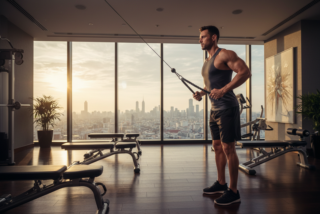 Road warrior performing face pull exercise on cable machine in luxury hotel gym with city skyline view — posterior deltoid and rotator cuff training for traveling professionals