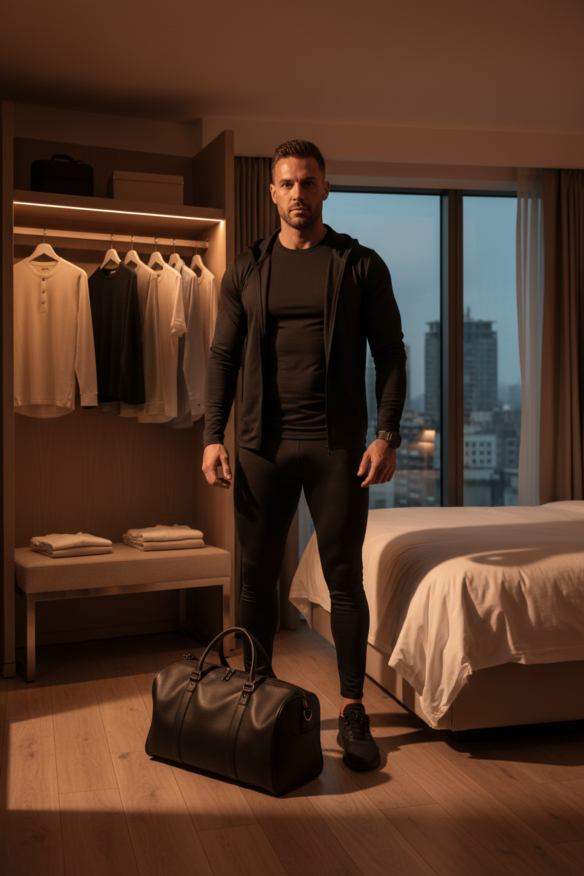Male road warrior in black athletic activewear with travel capsule wardrobe — men's travel fitness apparel