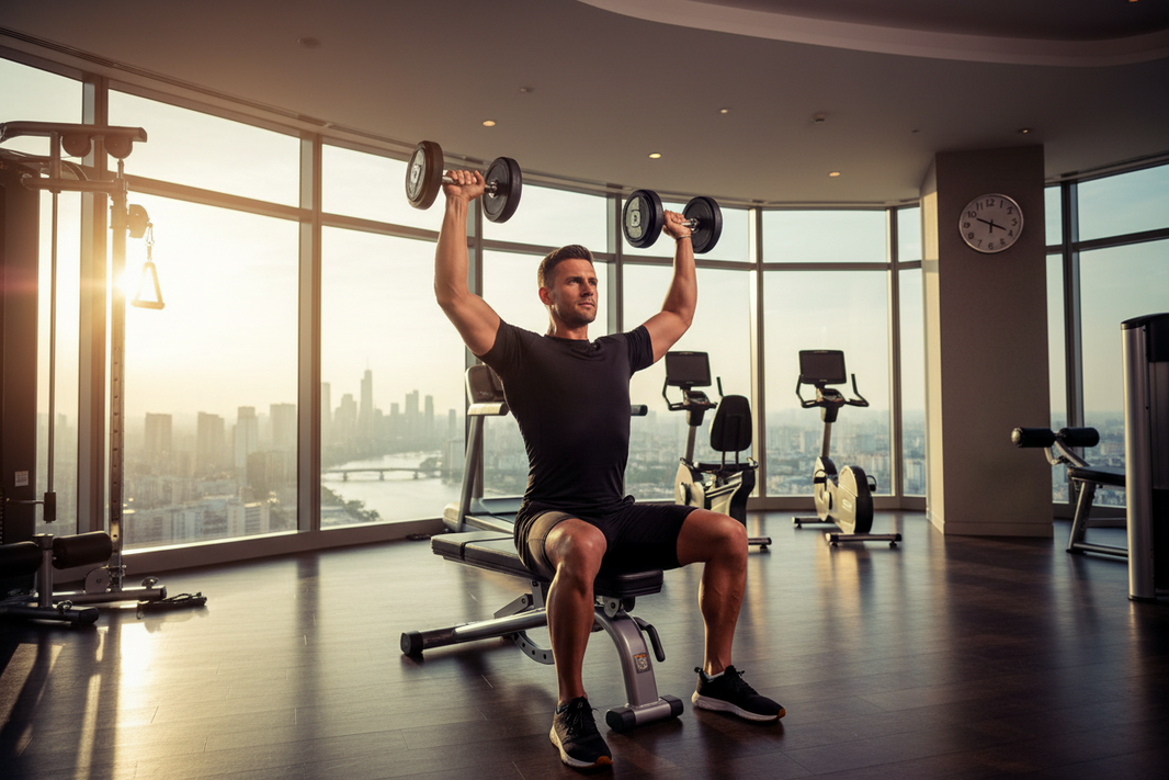 Road warrior performing overhead dumbbell shoulder press in luxury hotel gym with panoramic city skyline — complete shoulder workout exercises for traveling professionals