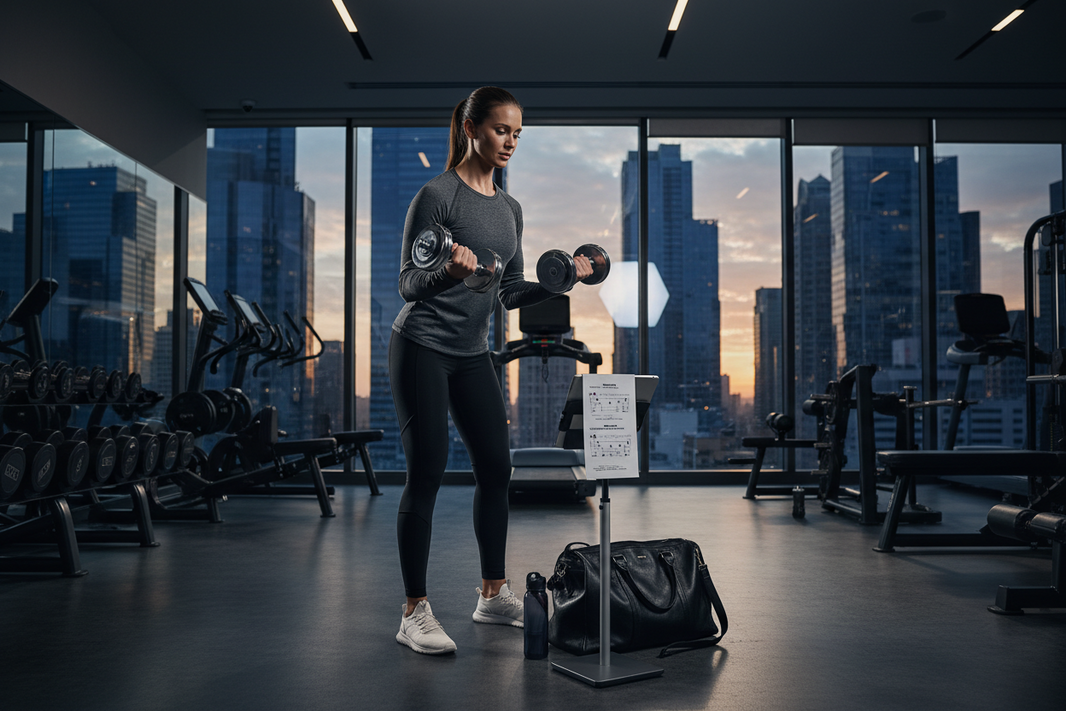 Female road warrior following structured dumbbell exercise routine in luxury hotel gym with city skyline — exercise routine with dumbbells for traveling professionals