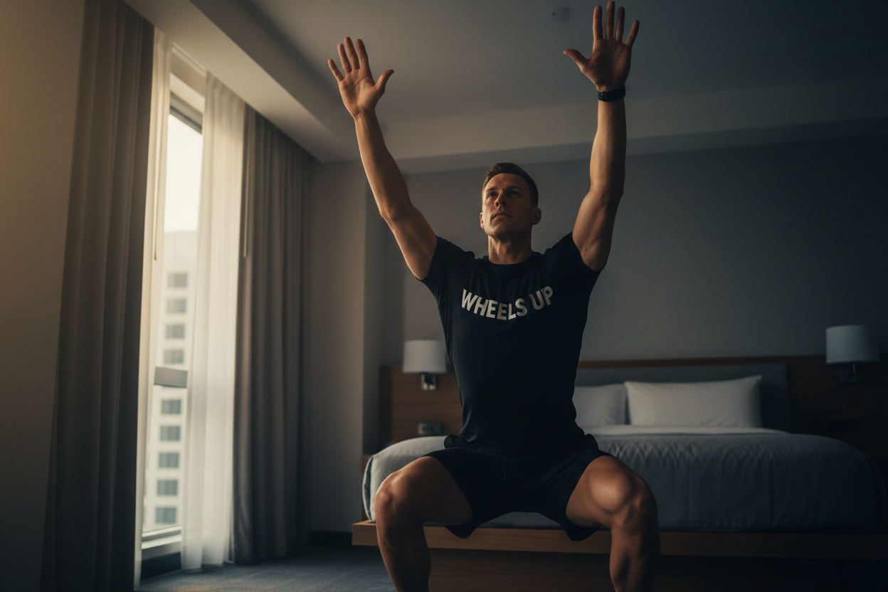 Road warrior performing face pull exercise in hotel gym — corrective shoulder training for traveling professionals
