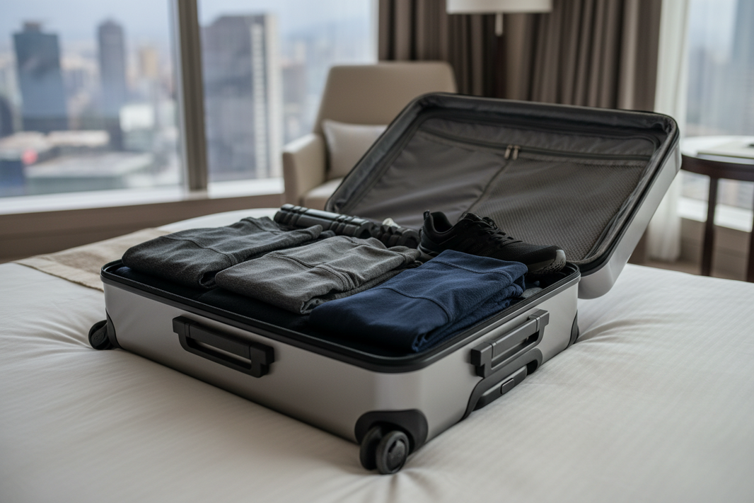 male road warrior packing a capsule gym wardrobe for a week-long business trip — gym clothes for men travel