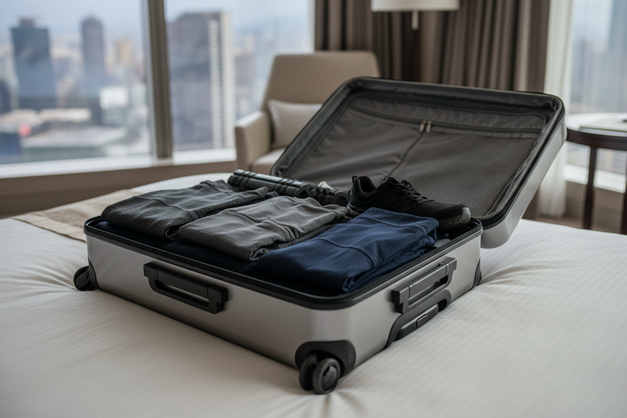 male road warrior packing a capsule gym wardrobe for a week-long business trip — gym clothes for men travel