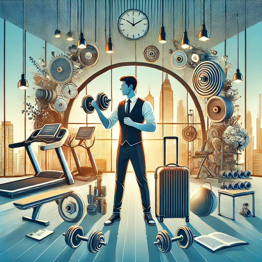 Ultimate Hotel Gym Guide Workout Plans That Work for Every Traveler Featuring a stylish hotel gym with a business traveler using dumbbells, modern equipment like treadmills and yoga mats, and a cityscape view through a large window