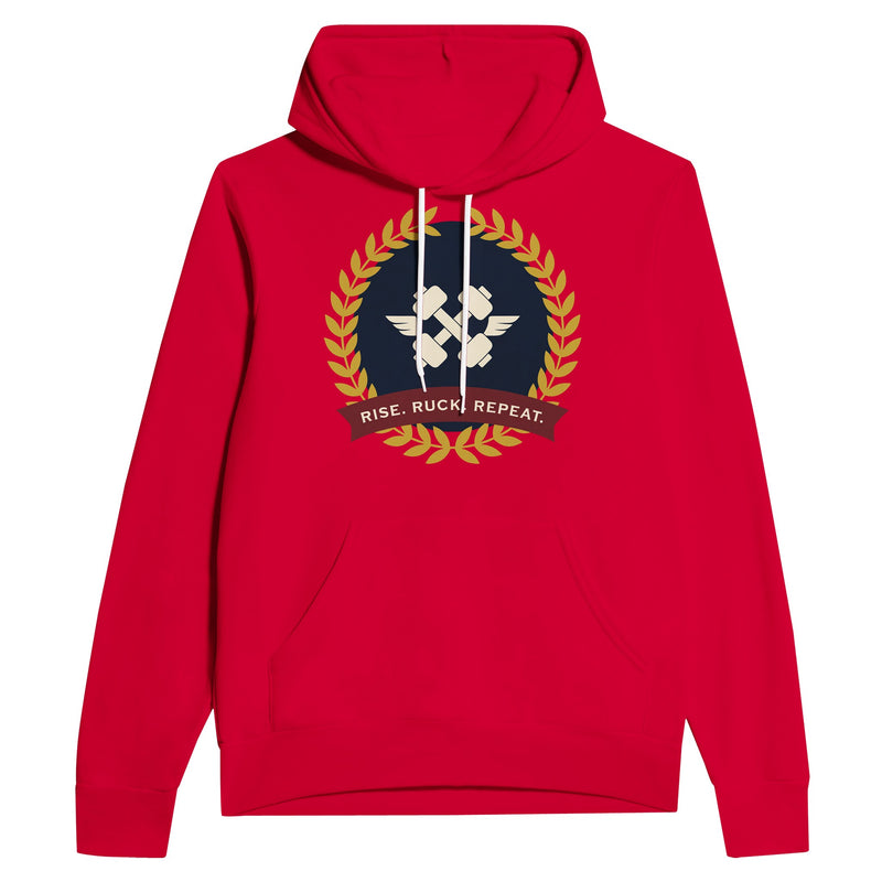 Rise. Ruck. Repeat. unisex pullover hoodie in Red — packable travel training apparel from Dumbbells & Hotels
