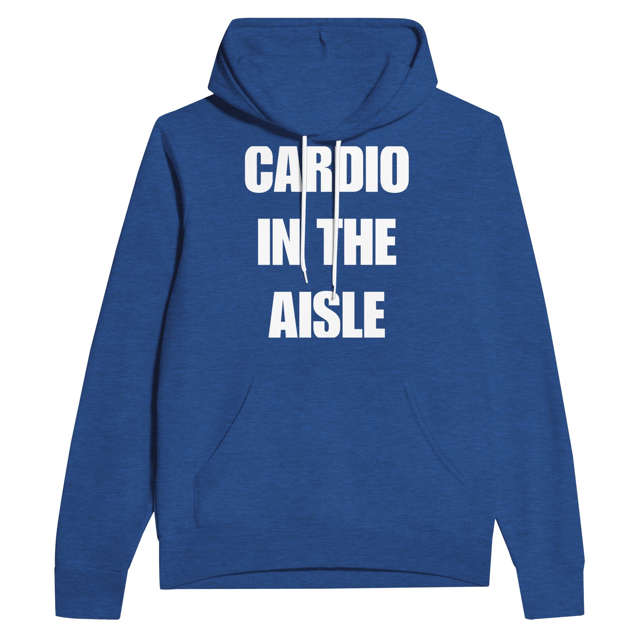 midweight travel hoodie with white Cardio in the Aisle statement print, product view 2