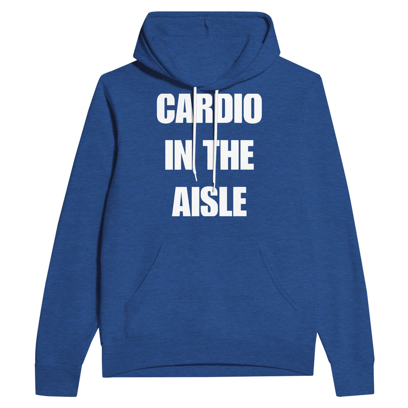 midweight travel hoodie with white Cardio in the Aisle statement print, product view 2