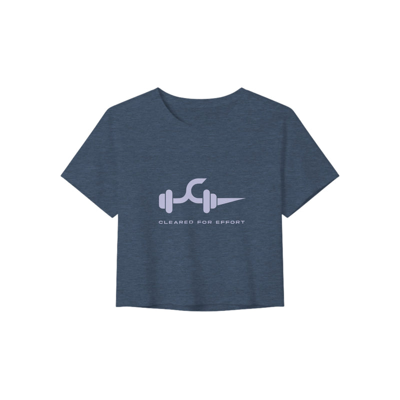 Heather Navy Cleared for Effort Crop Tee by Dumbbells & Hotels, light-ink print