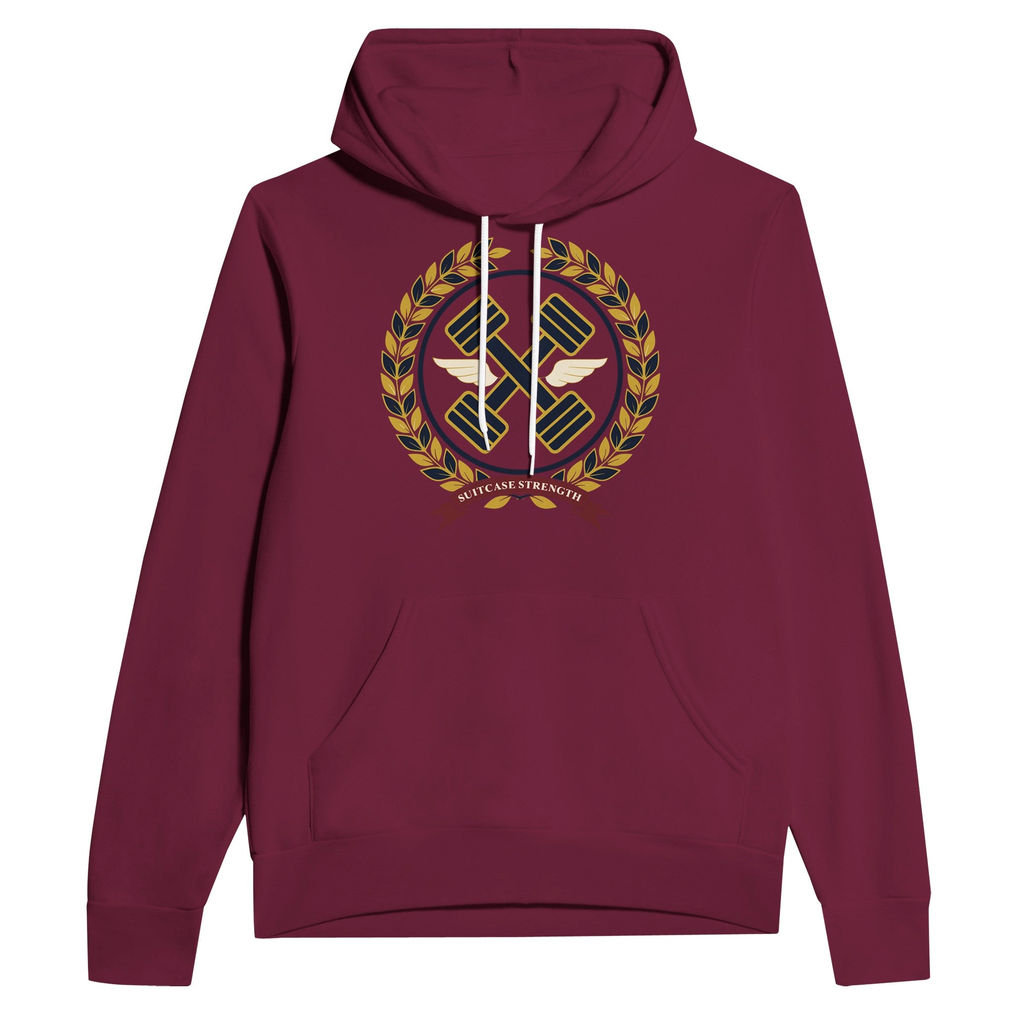 Suitcase Strength unisex pullover hoodie for travelling professionals, printed with a gold laurel-wreath crest with navy crossed dumbbells, cream aviator wings and a SUITCASE STRENGTH ribbon — product photo 8 of 12
