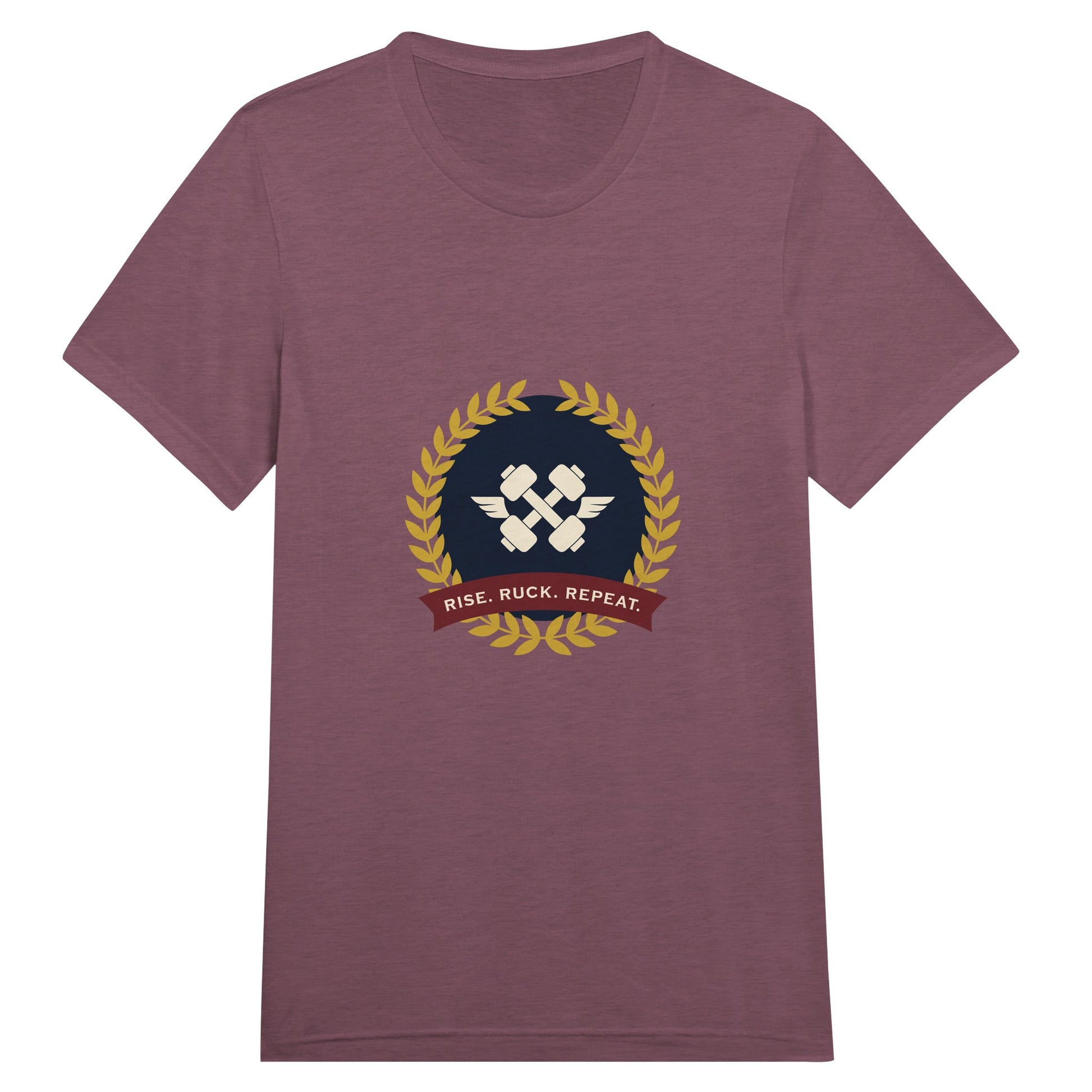 Rise. Ruck. Repeat. unisex triblend tee in Maroon Triblend — packable travel training apparel from Dumbbells & Hotels
