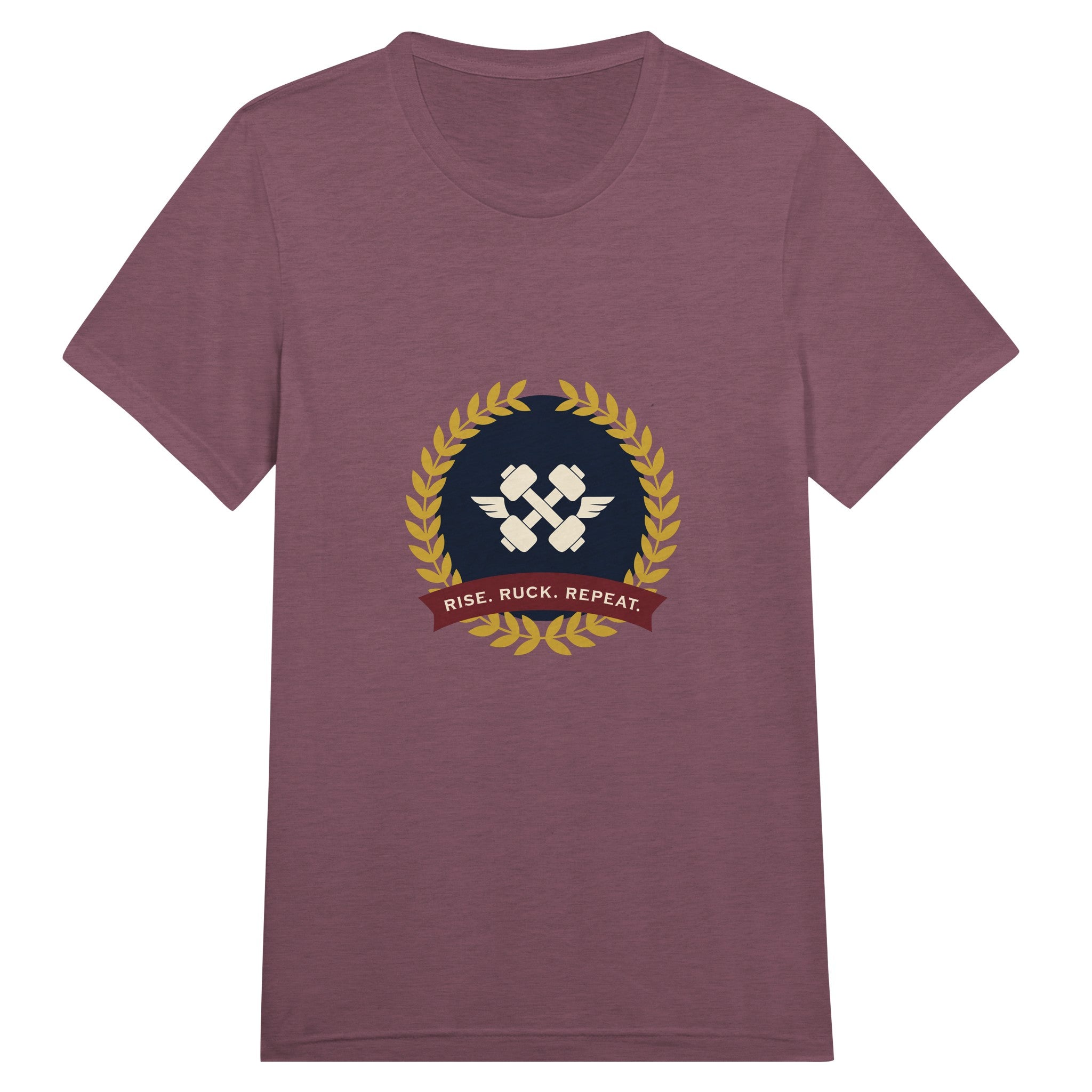 Rise. Ruck. Repeat. unisex triblend tee in Maroon Triblend — packable travel training apparel from Dumbbells & Hotels