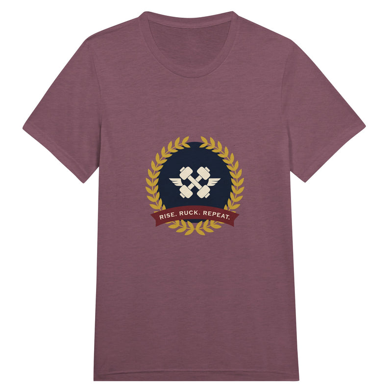 Rise. Ruck. Repeat. unisex triblend tee in Maroon Triblend — packable travel training apparel from Dumbbells & Hotels
