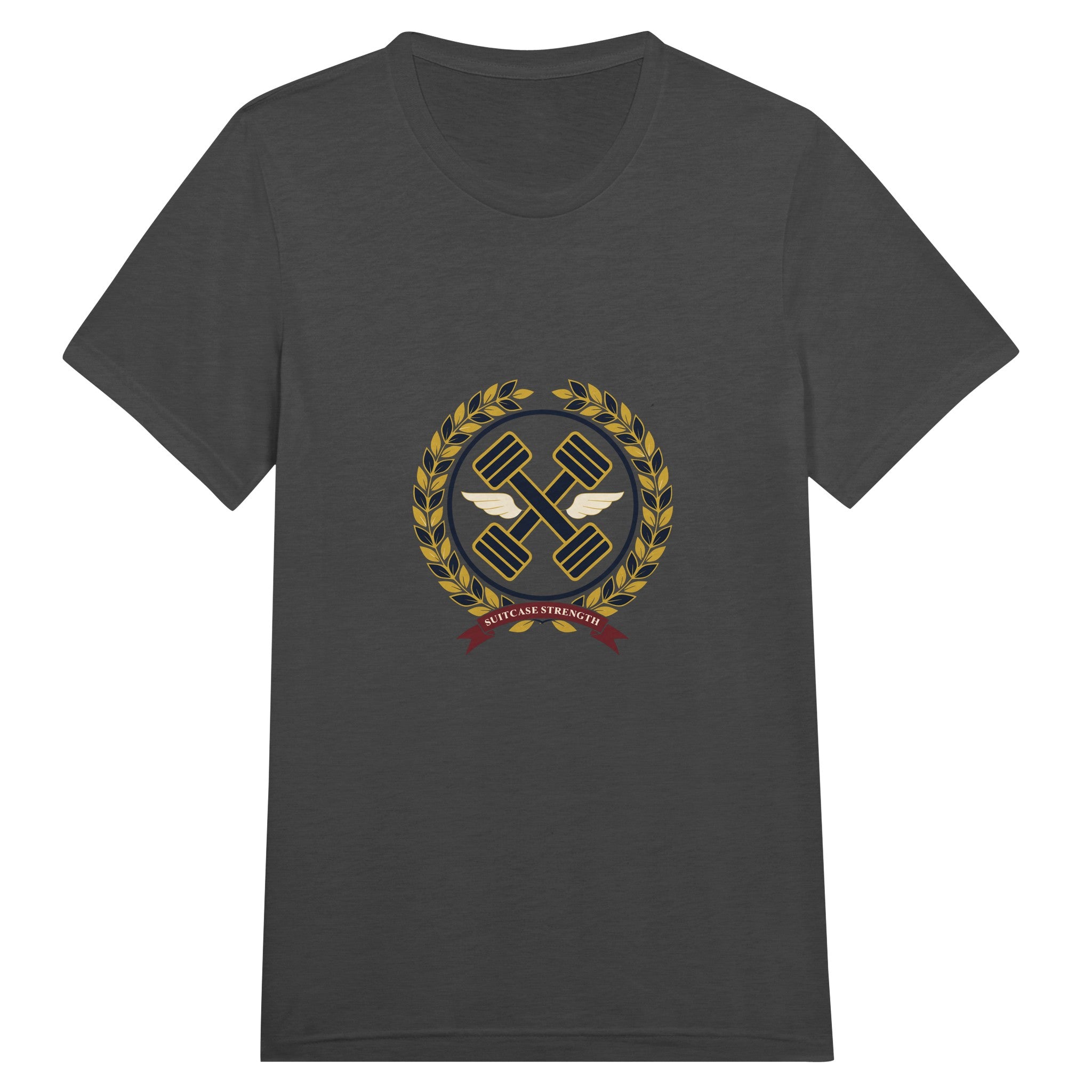 Suitcase Strength unisex triblend tee for travelling professionals, printed with a gold laurel-wreath crest with navy crossed dumbbells, cream aviator wings and a SUITCASE STRENGTH ribbon — product photo 10 of 19