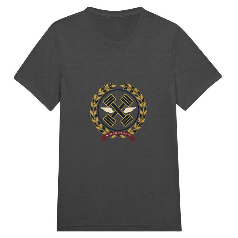 Suitcase Strength unisex triblend tee for travelling professionals, printed with a gold laurel-wreath crest with navy crossed dumbbells, cream aviator wings and a SUITCASE STRENGTH ribbon — product photo 10 of 19