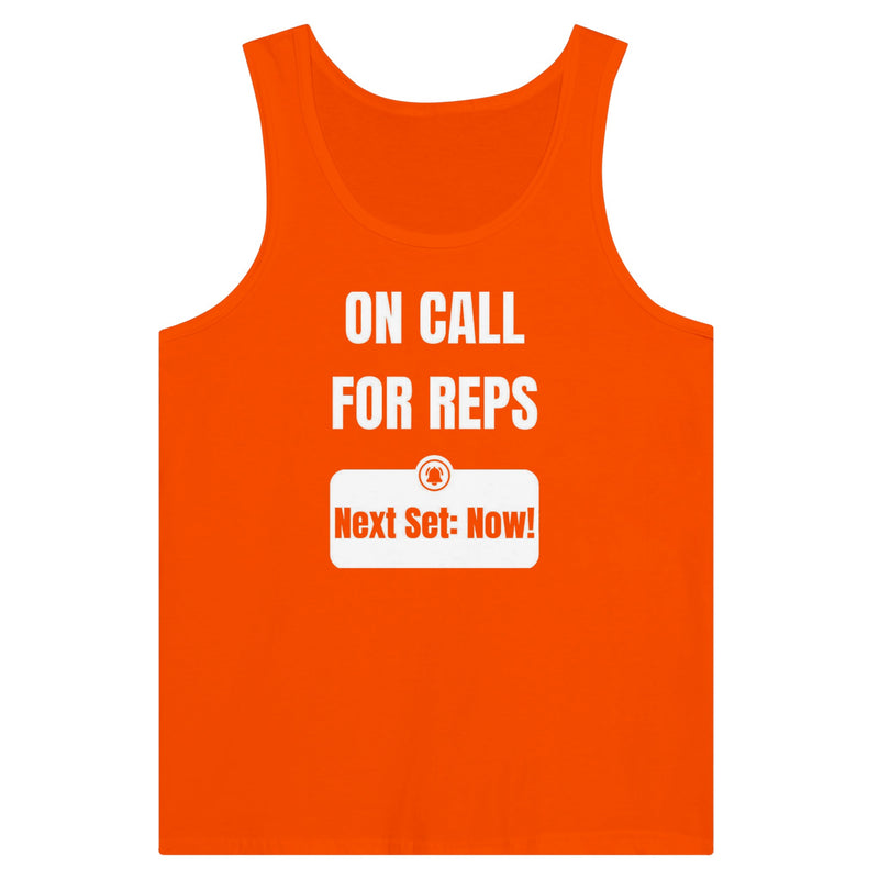 unisex premium travel tank with white On Call for Reps notification graphic reading Next Set: Now!