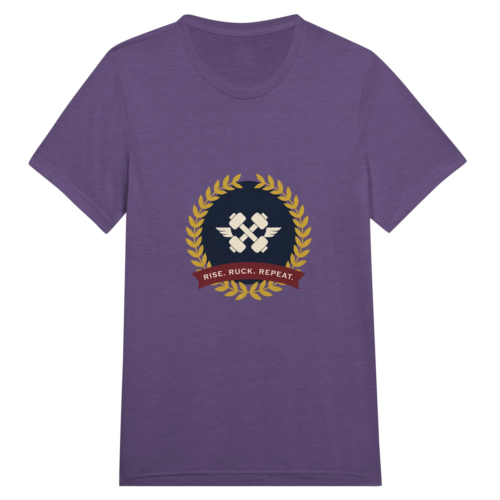Rise. Ruck. Repeat. unisex triblend tee in Purple Triblend — packable travel training apparel from Dumbbells & Hotels