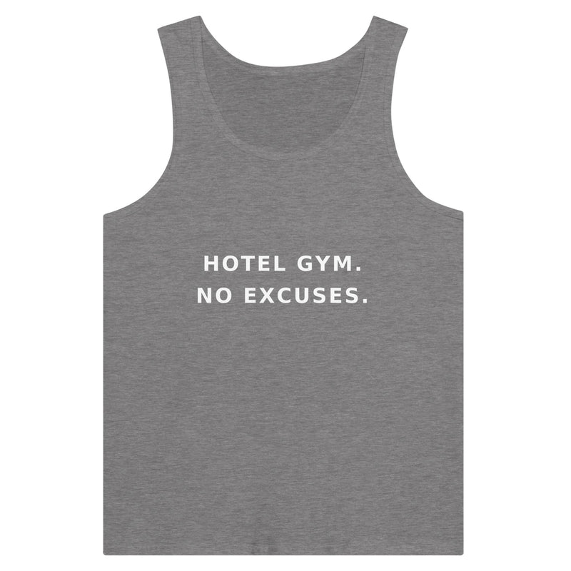 men's premium travel tank with white Hotel Gym. No Excuses. statement print for hotel gym sessions