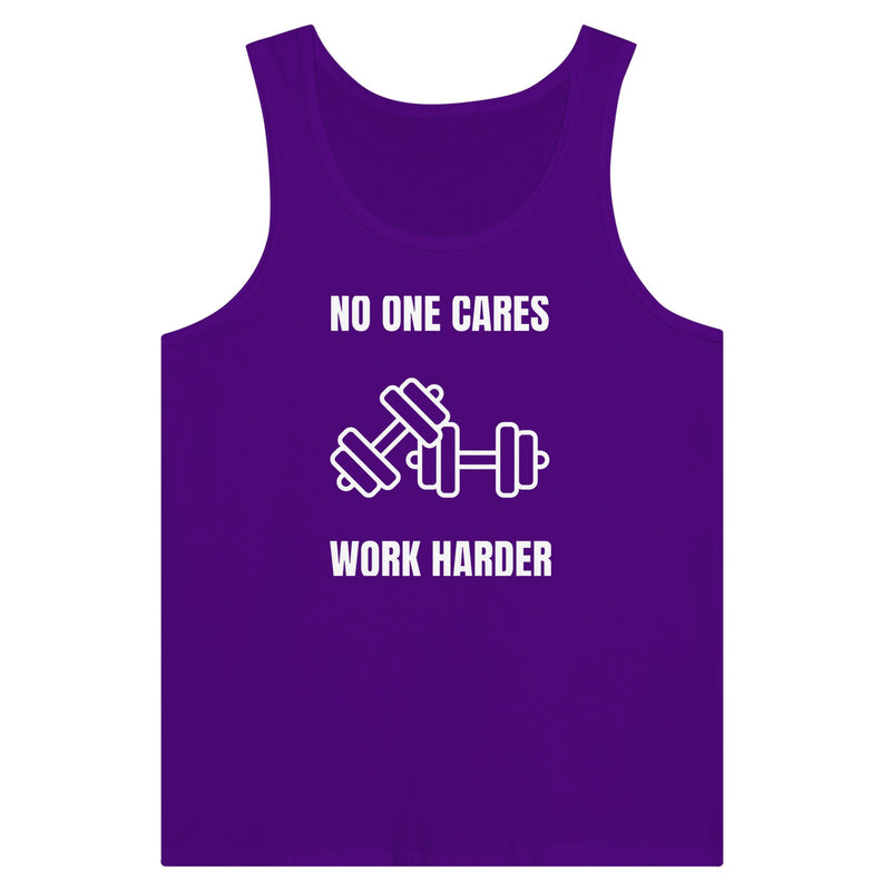 No One Cares. Work Harder premium training tank — wrinkle-resistant, layover-ready | Dumbbells & Hotels