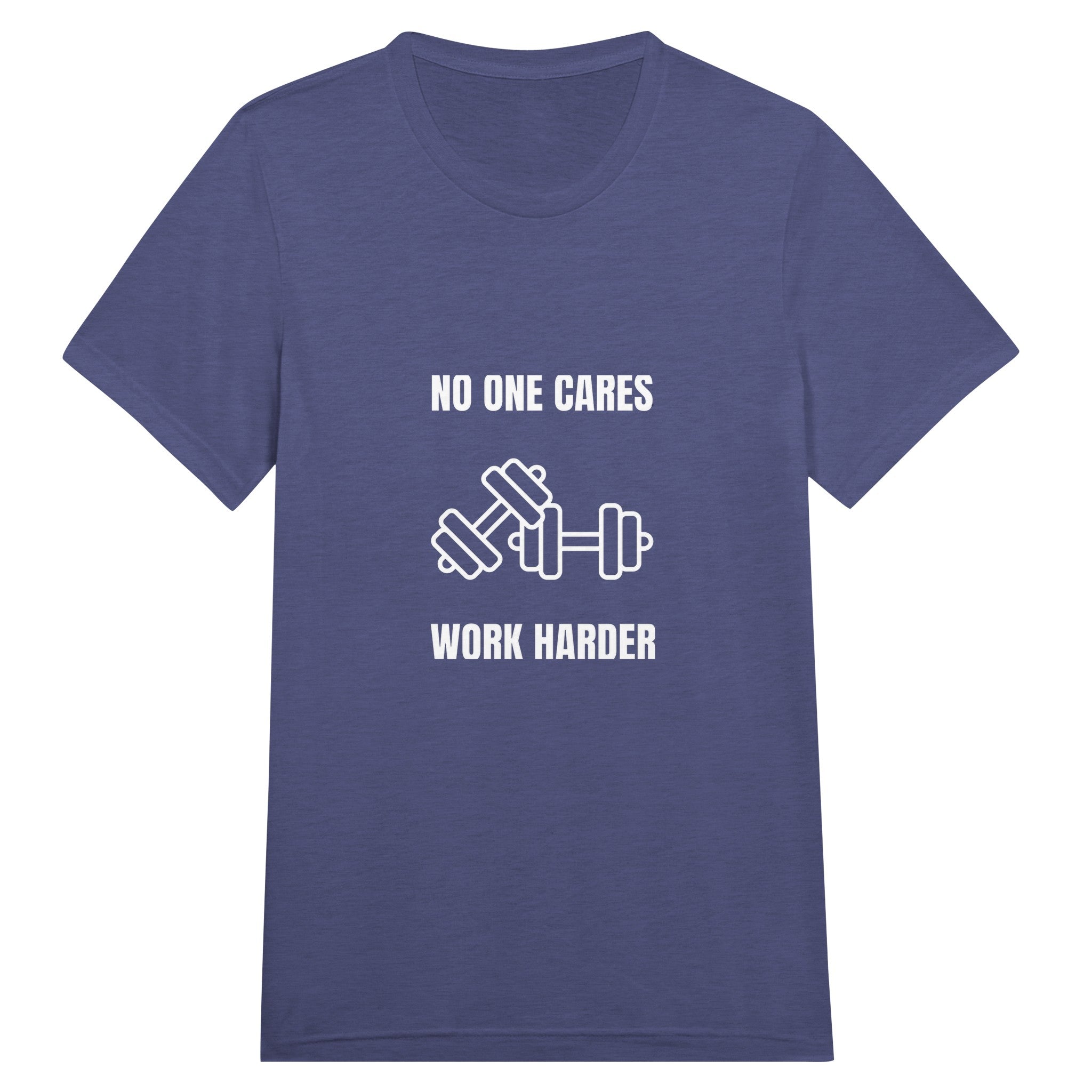unisex triblend travel tee with white No One Cares. Work Harder. crossed-dumbbells print, styled for hotel gym training