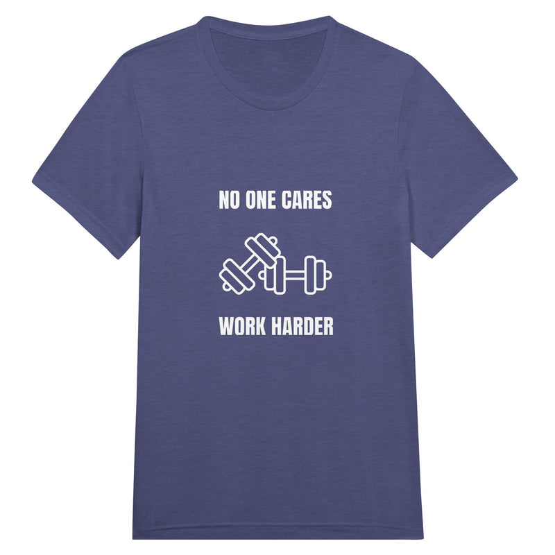 unisex triblend travel tee with white No One Cares. Work Harder. crossed-dumbbells print, styled for hotel gym training