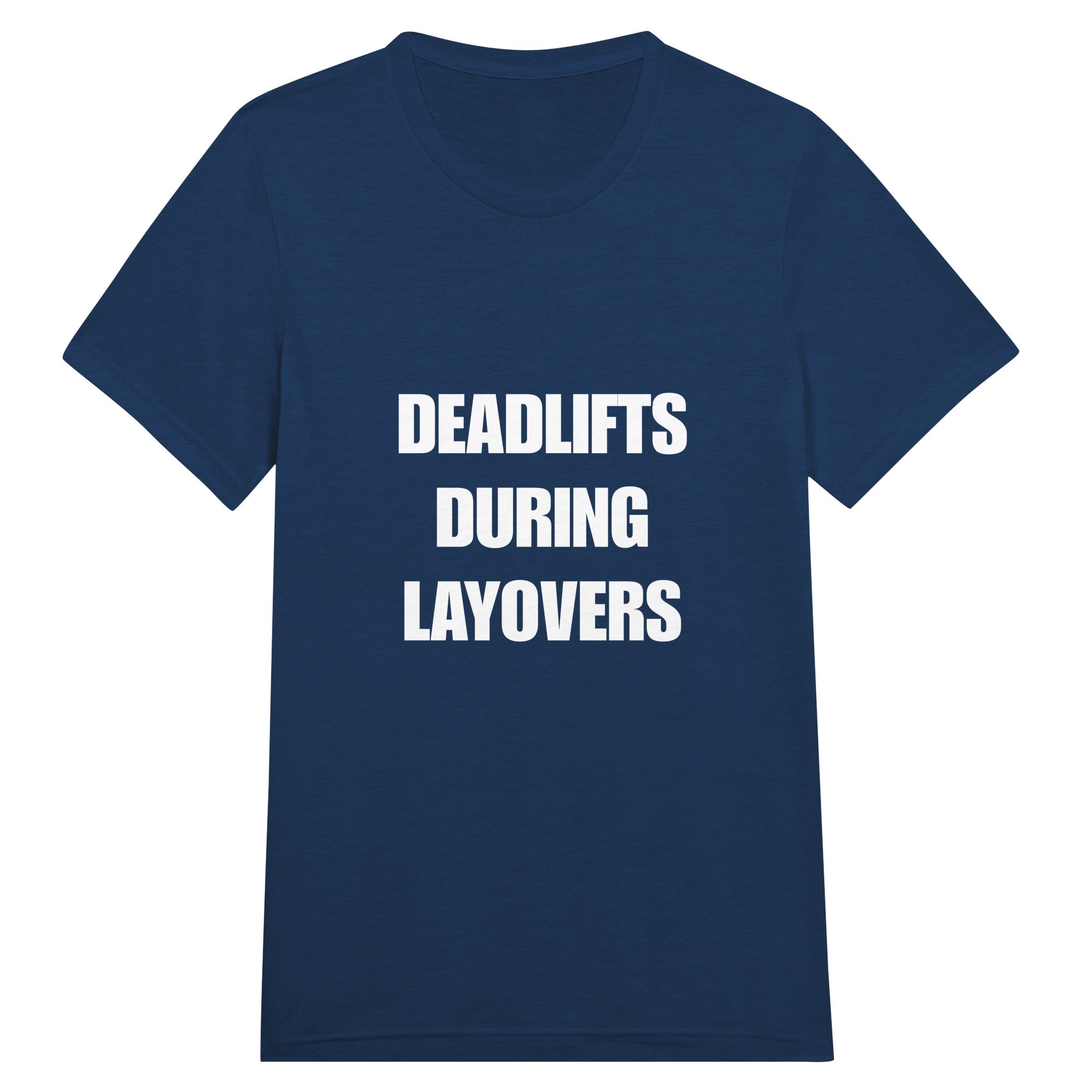 Deadlifts During Layovers travel workout tee — wrinkle-resistant tri-blend, layover-ready for the hotel gym | Dumbbells & Hotels