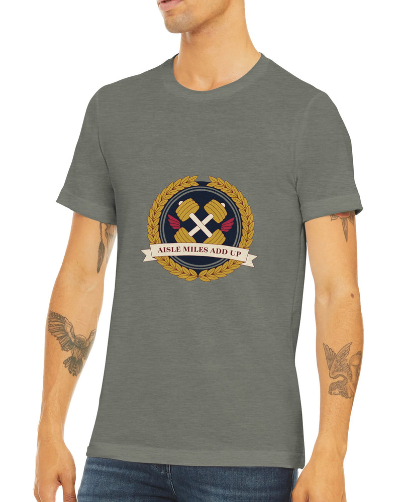 Aisle Miles Add Up frequent flyer travel tee, front view 19 — Dumbbells & Hotels