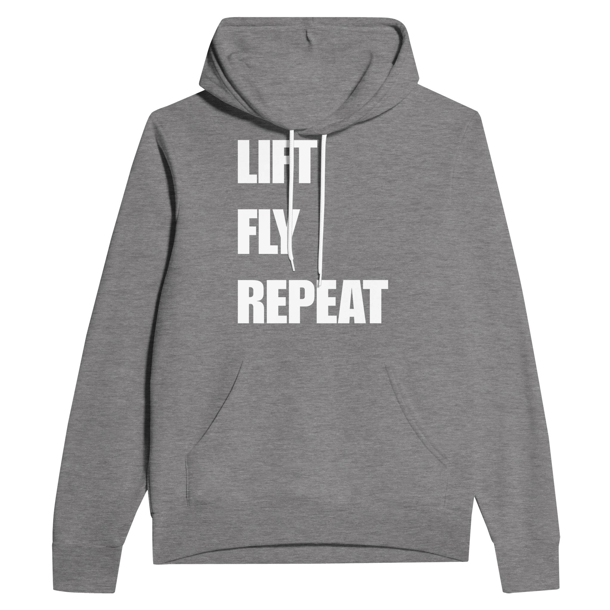 Lift Fly Repeat unisex pullover hoodie for travelling professionals, printed with a laurel-wreath crest with crossed dumbbells, aviator wings and a LIFT. FLY. REPEAT. ribbon — product photo 1 of 12