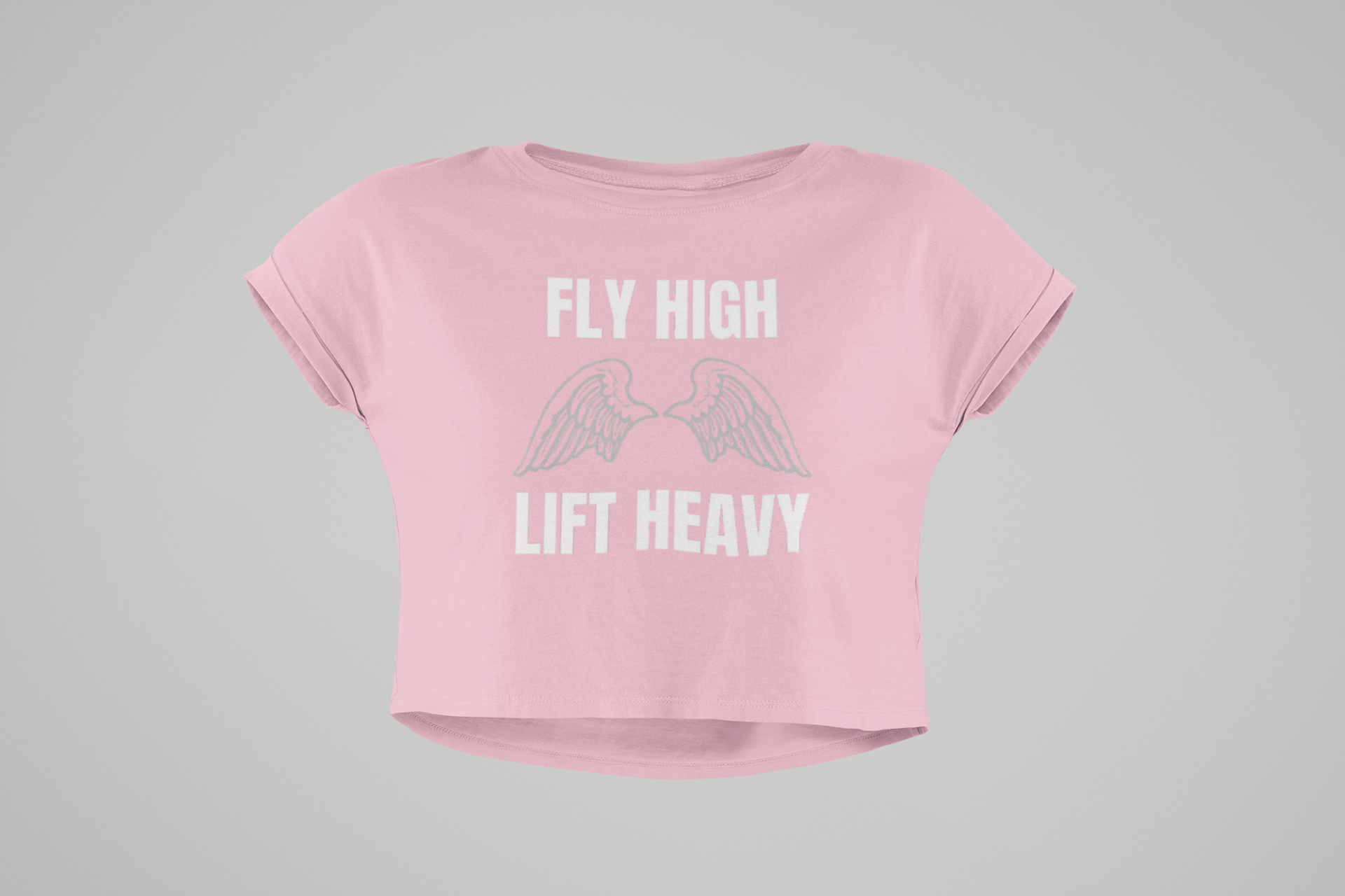 The Layover Crop Top Fly High Edition in Bubblegum — women's travel crop top with Fly High Lift Heavy design by Dumbbells and Hotels | NASM-certified travel activewear