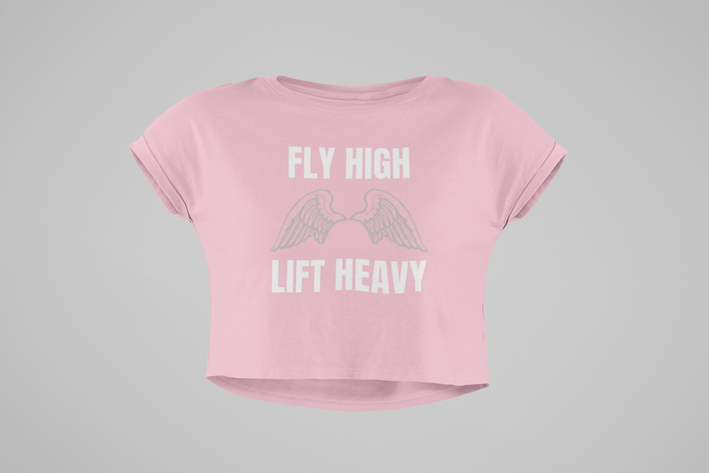 The Layover Crop Top Fly High Edition in Bubblegum — women's travel crop top with Fly High Lift Heavy design by Dumbbells and Hotels | NASM-certified travel activewear
