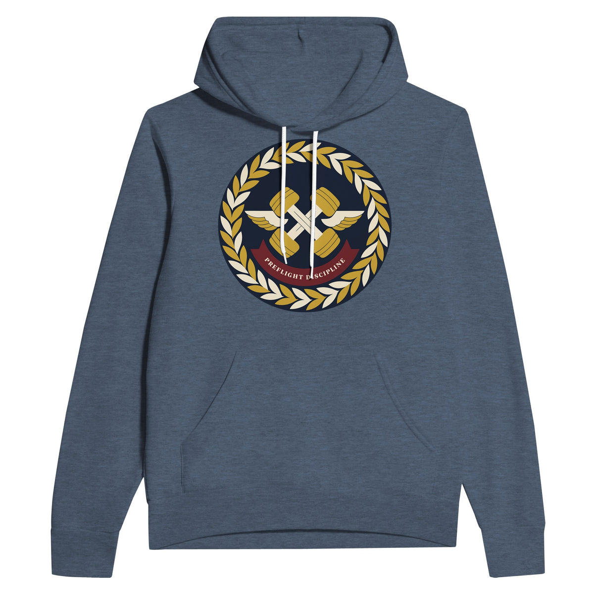 Preflight Discipline unisex pullover hoodie for travelling professionals, printed with a laurel-wreath crest with crossed dumbbells, aviator wings and a PREFLIGHT DISCIPLINE banner — product photo 4 of 12