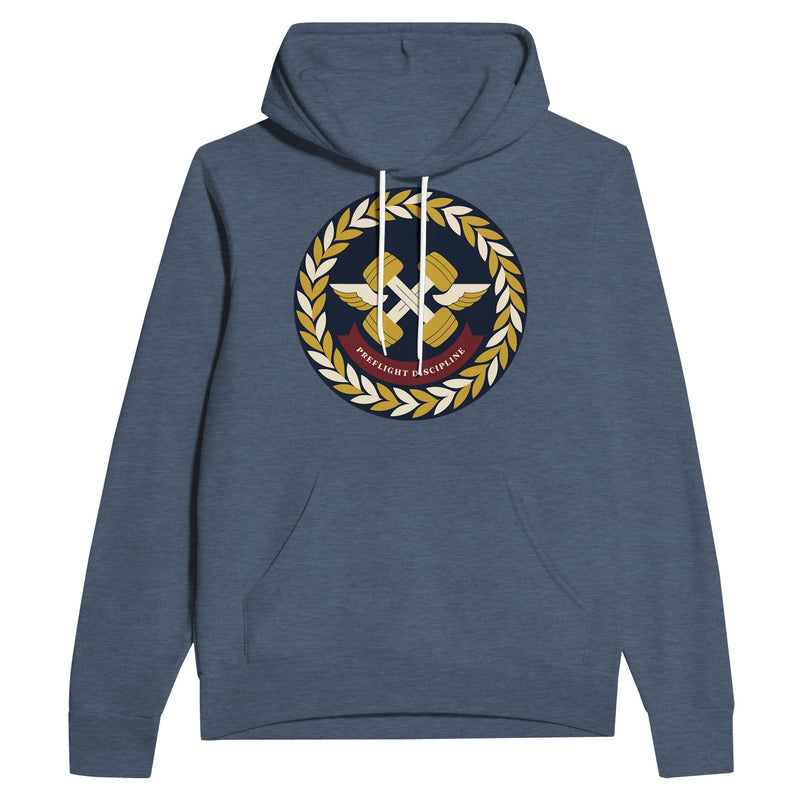 Preflight Discipline unisex pullover hoodie for travelling professionals, printed with a laurel-wreath crest with crossed dumbbells, aviator wings and a PREFLIGHT DISCIPLINE banner — product photo 4 of 12