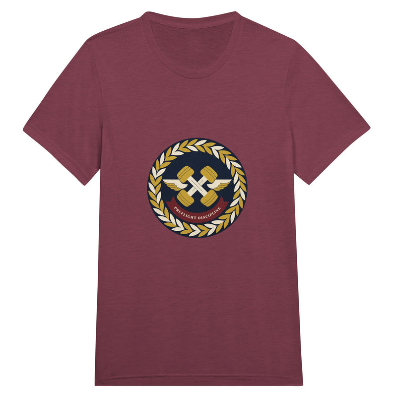 Preflight Discipline winged-dumbbell crest with laurel wreath on a unisex triblend tee by Dumbbells & Hotels — view 12 of 19