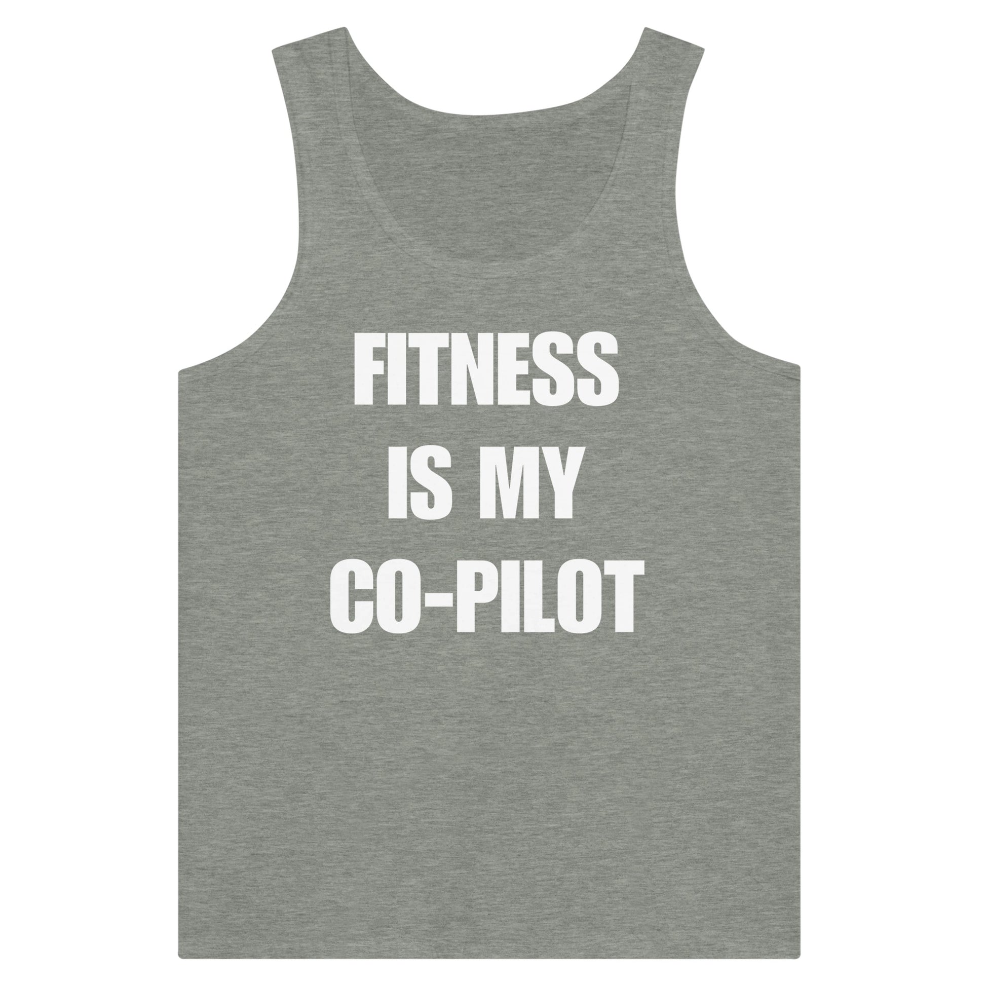 Fitness Is My Co-Pilot white typography print on dark premium unisex tank — layover-ready travel fitness tank by Dumbbells & Hotels