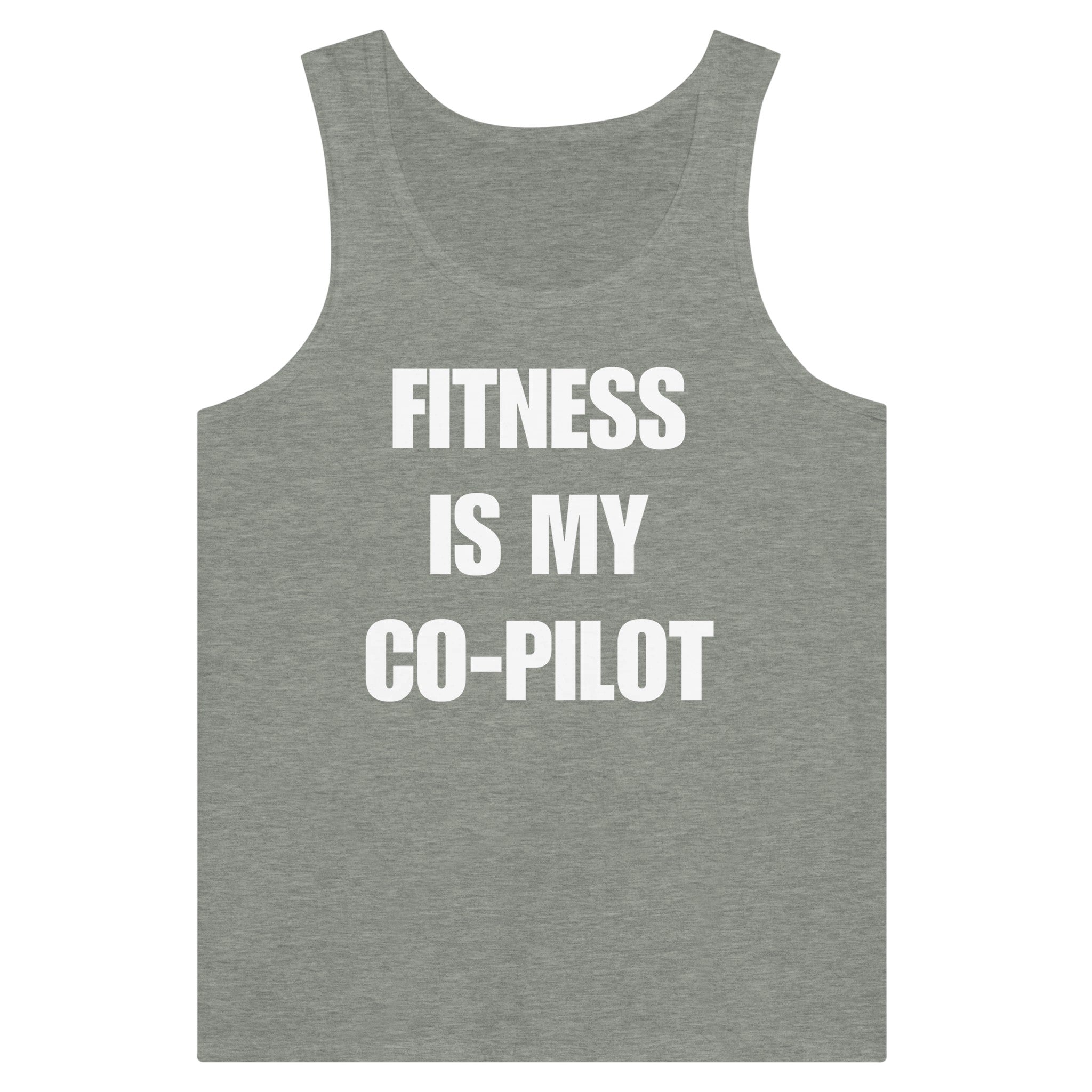 Fitness Is My Co-Pilot white typography print on dark premium unisex tank — layover-ready travel fitness tank by Dumbbells & Hotels