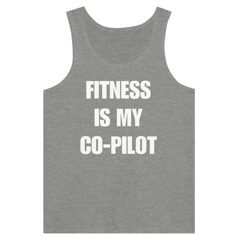 Fitness Is My Co-Pilot white typography print on dark premium unisex tank — layover-ready travel fitness tank by Dumbbells & Hotels