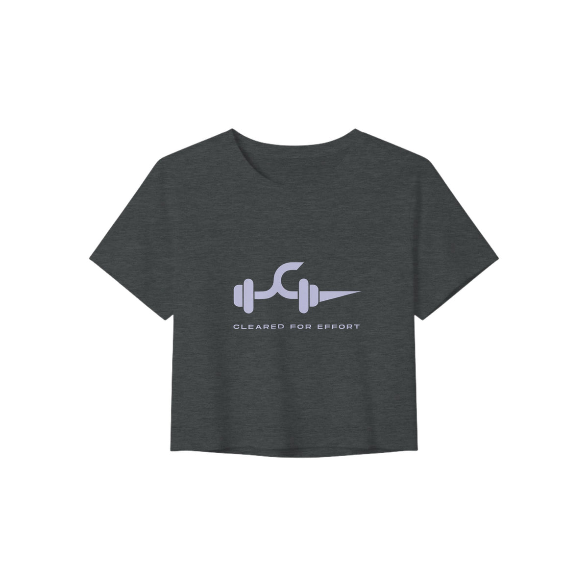 Dark Grey Heather Cleared for Effort Crop Tee by Dumbbells & Hotels, light-ink print