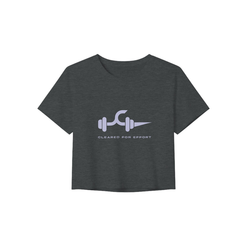 Dark Grey Heather Cleared for Effort Crop Tee by Dumbbells & Hotels, light-ink print